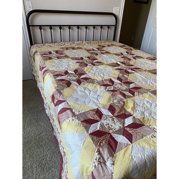 Vintage Bedspread Coverlet Quilt Yellow White Pink Red Floral Queen 100"x92" - Picture 6 of 11
